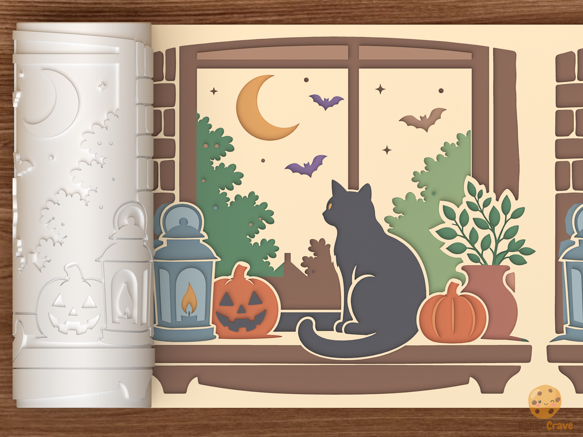 Moonlit Black Cat Window Ledge Textured Roller STL File - 01 main photo deboss colored