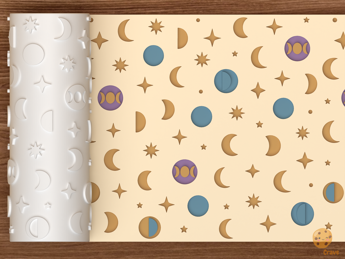 Celestial Moon Phases Textured Roller STL File - 01 main photo deboss colored