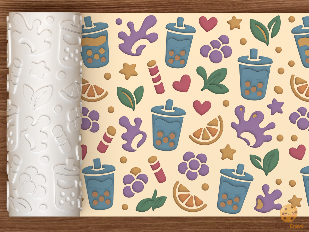 Boba Tea Cafe Textured Roller STL File - 01 main photo deboss colored