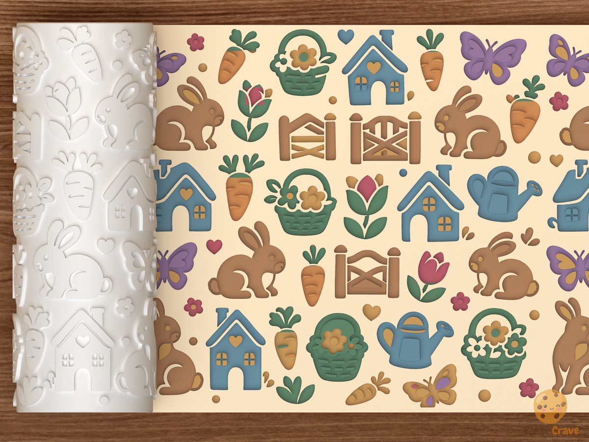 Bunny Cottage Garden Textured Roller STL File - 01 main photo deboss colored