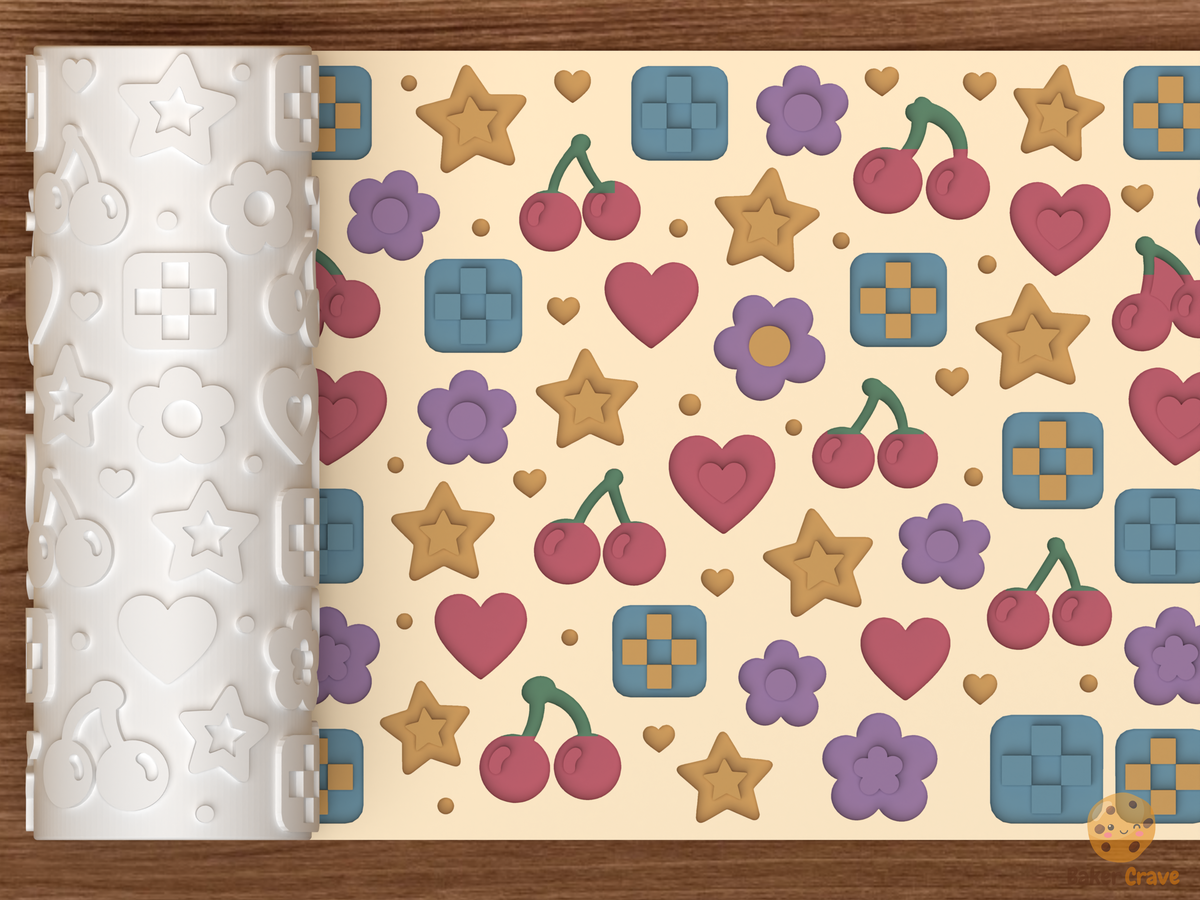 Retro Kawaii Icons Textured Roller - 01 main photo deboss colored