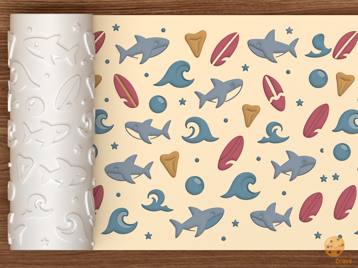 Shark Surf Ocean Textured Roller STL File - 01 main photo deboss colored