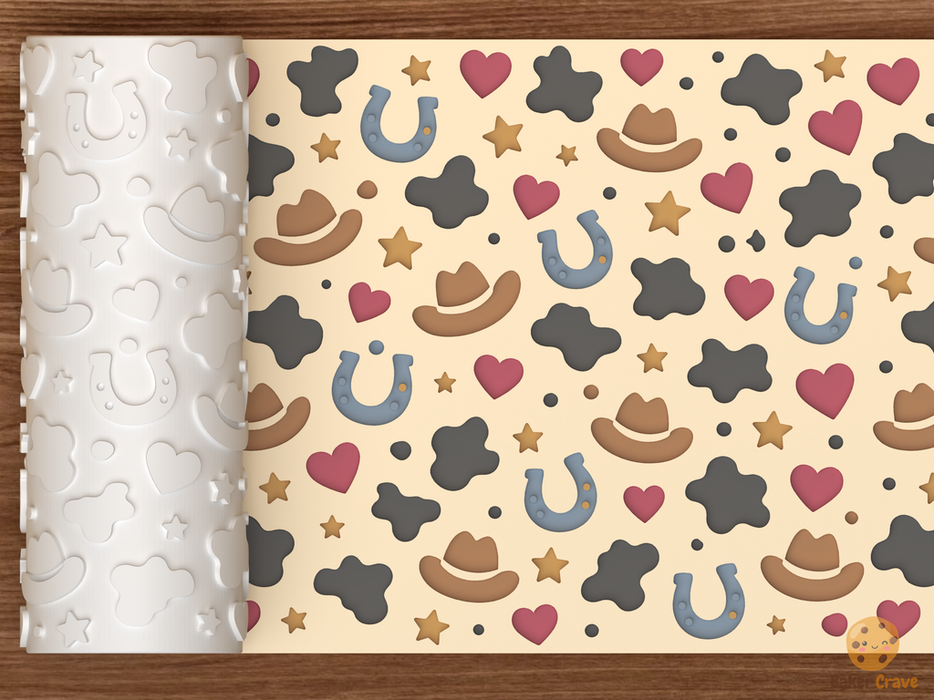 Cow Print Western Textured Roller STL File - 01 main photo deboss colored