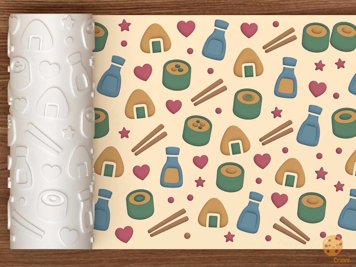 Kawaii Sushi Textured Roller STL File - 01 main photo deboss colored