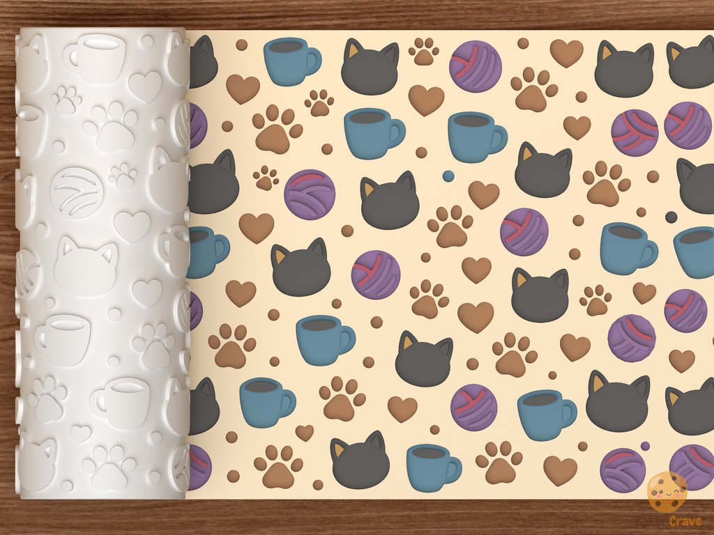 Cat Cafe Textured Roller STL File - 01 main photo deboss colored