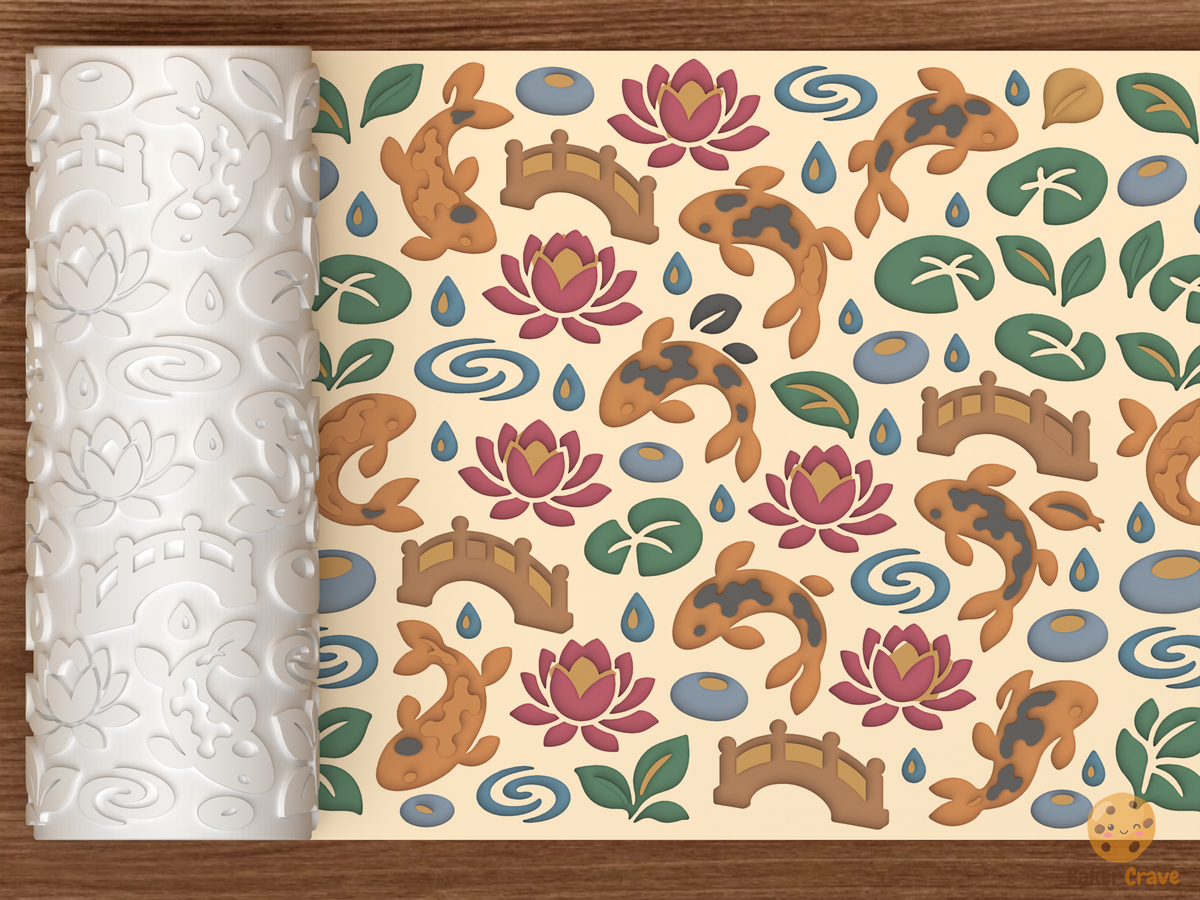 Koi Lotus Pond Textured Roller STL File - 01 main photo deboss colored