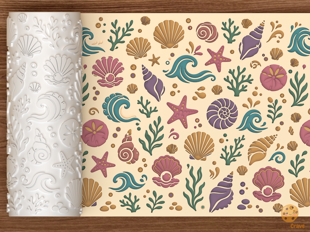 Ocean Shell & Wave Textured Roller STL File - 01 main photo deboss colored