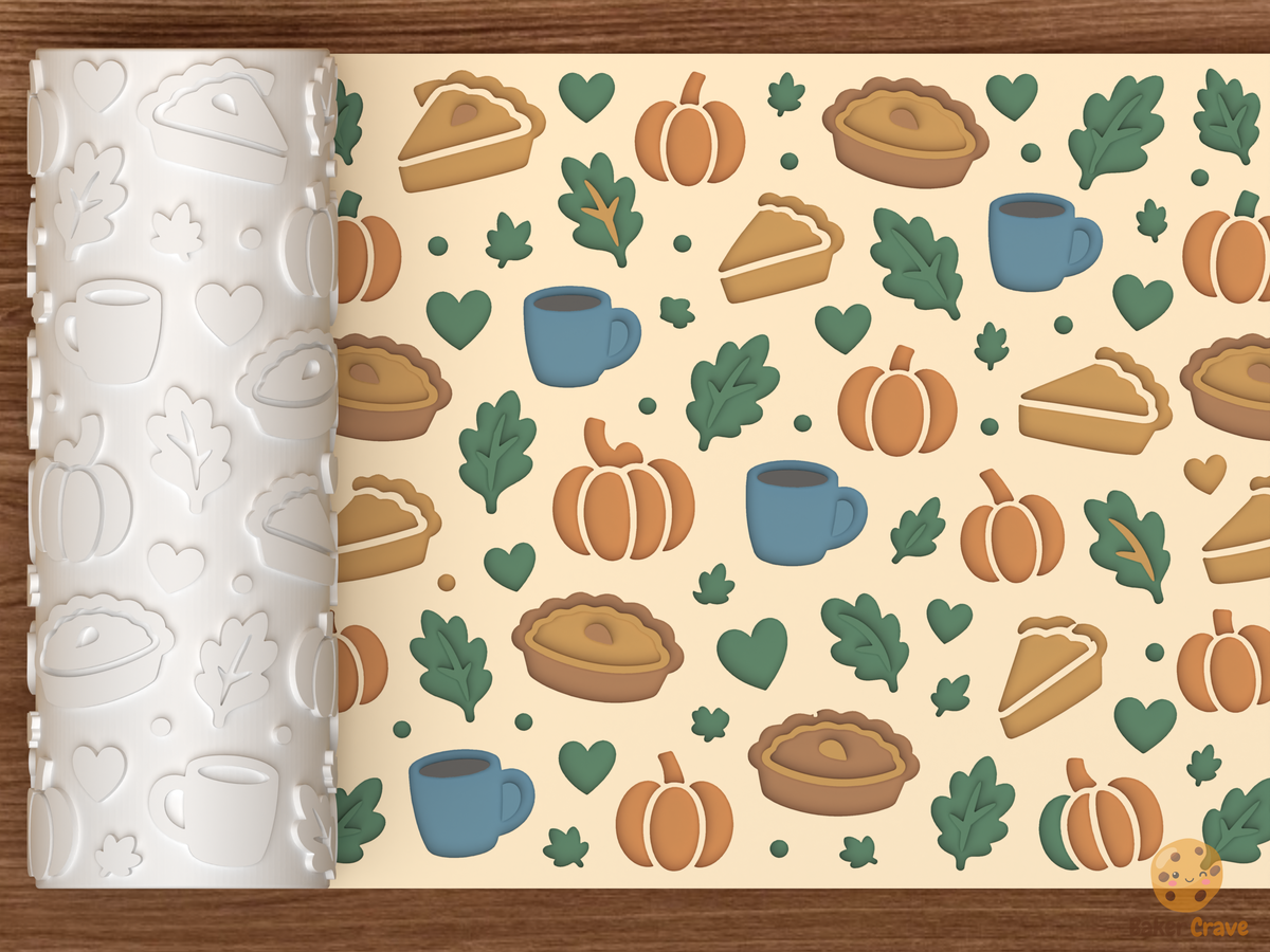 Autumn Pie and Pumpkin Textured Roller STL File - 01 main photo deboss colored