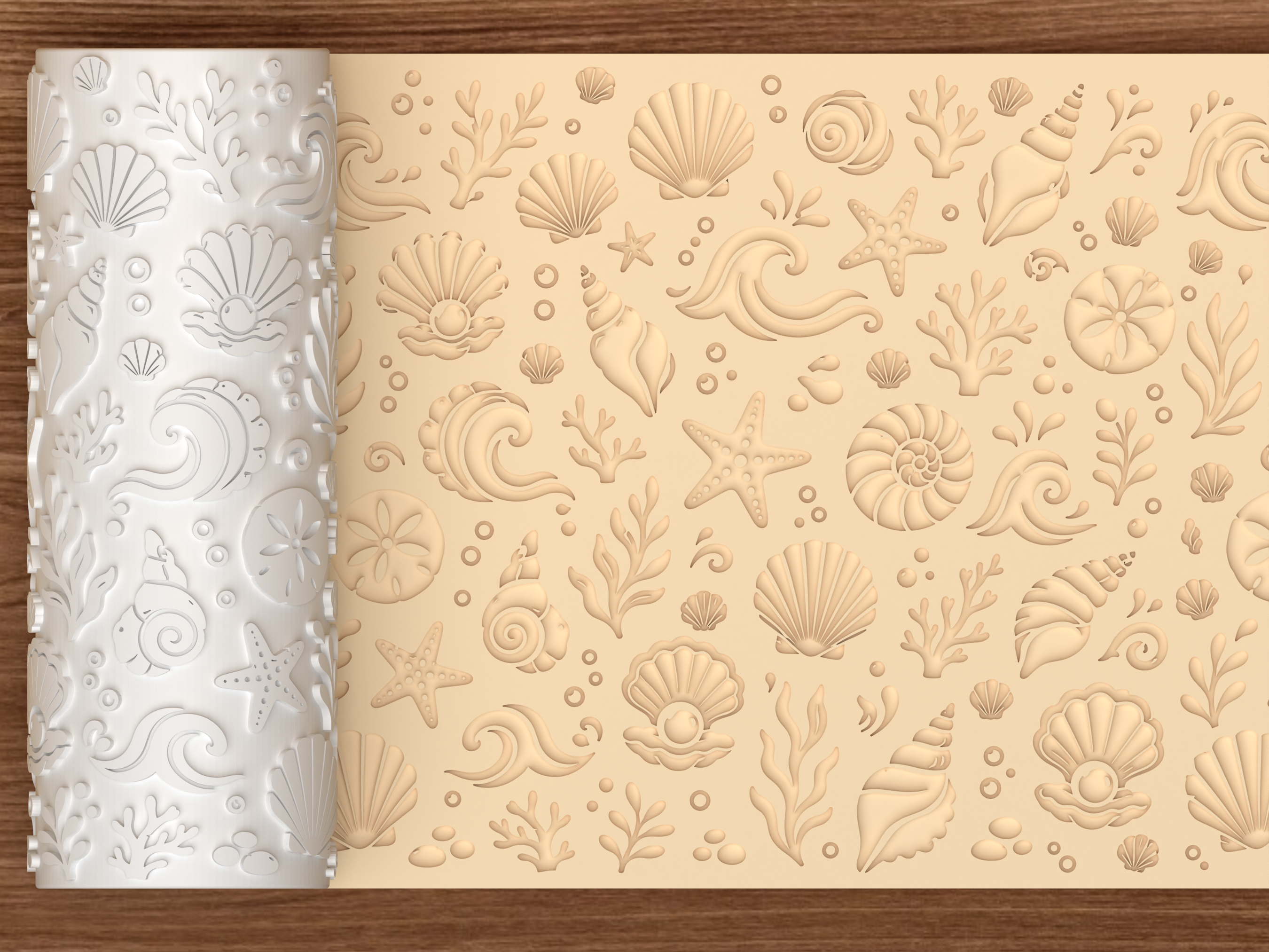 Ocean Shell & Wave Textured Roller STL File - 01 main photo deboss
