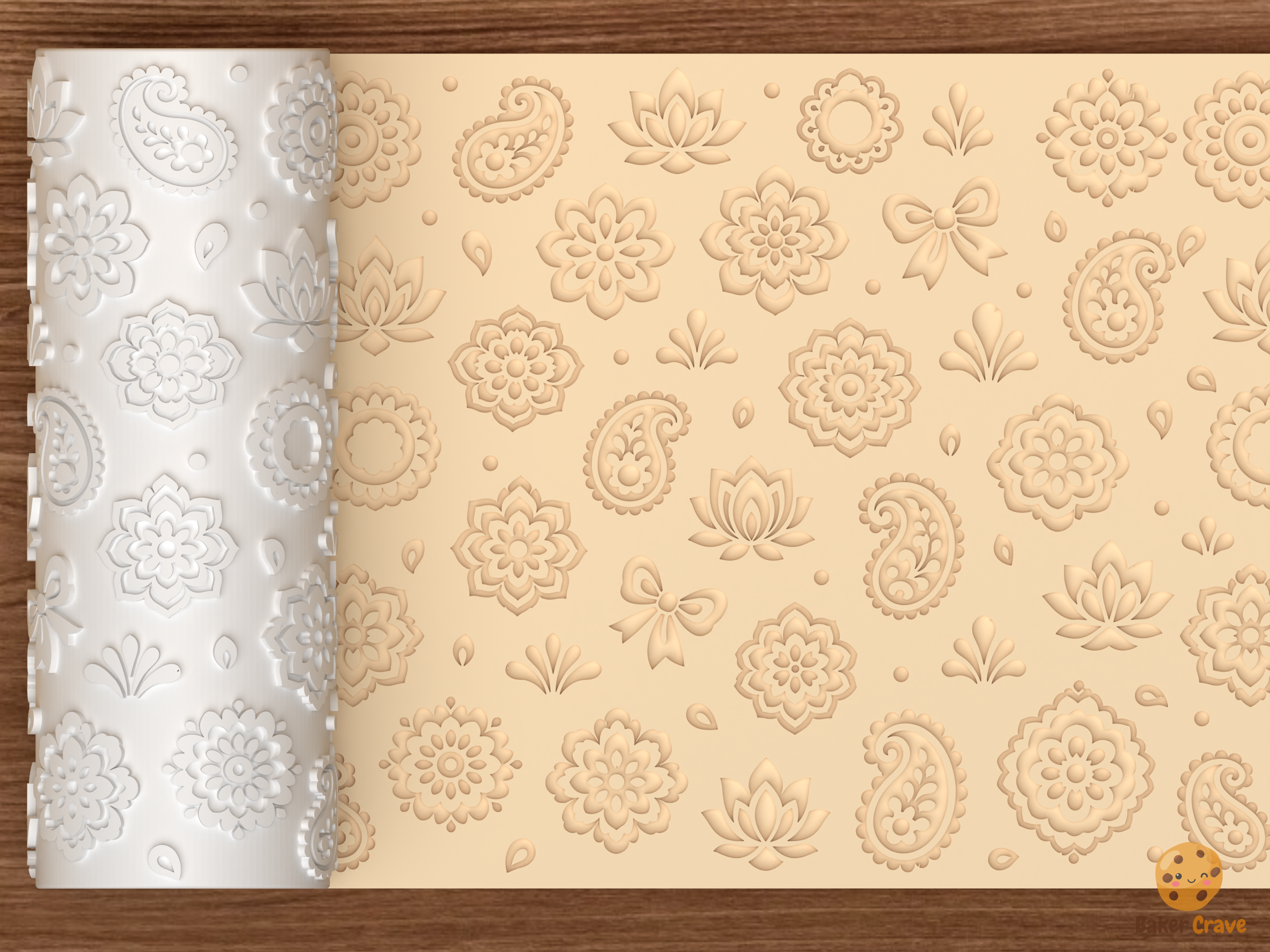 Boho Paisley Floral Textured Roller STL File - 01 main photo deboss