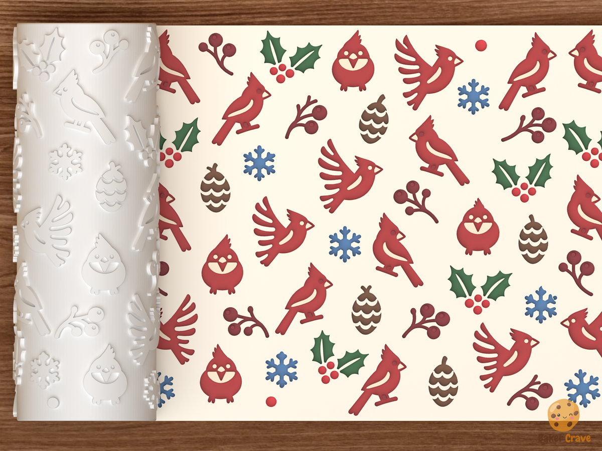 Winter Cardinal Berry Sprig Textured Roller STL File