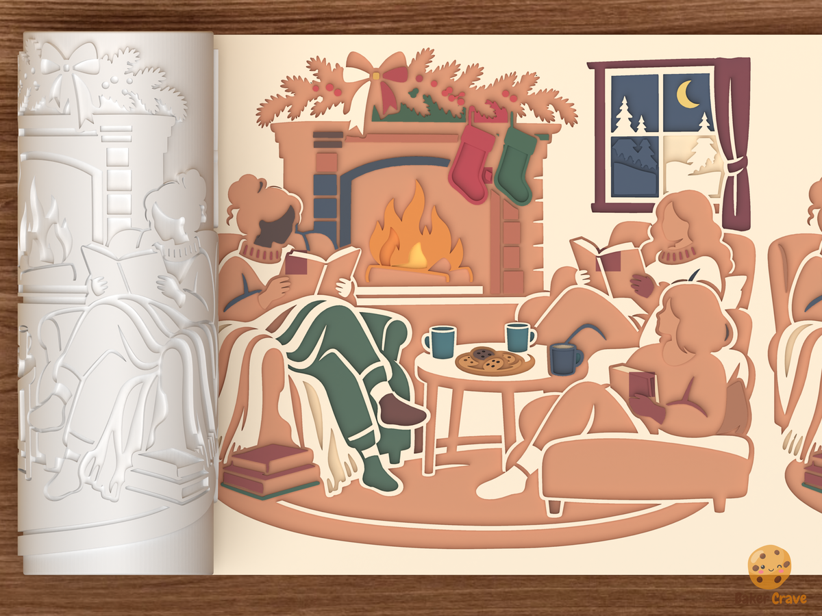 Christmas Book Club Fireplace Circle Textured Roller