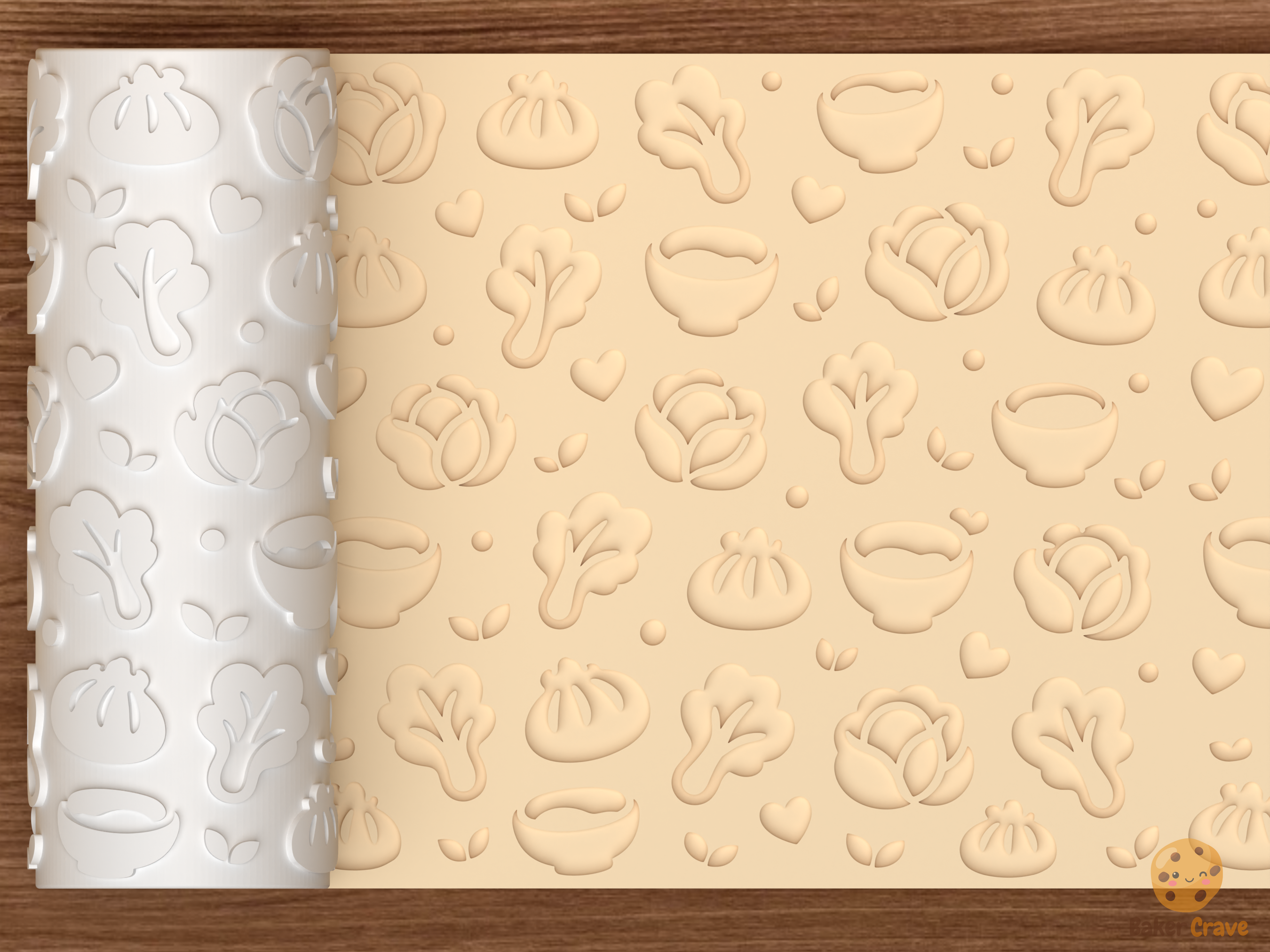 Dumpling Soup Vegetables Textured Roller STL File - 01 main photo deboss