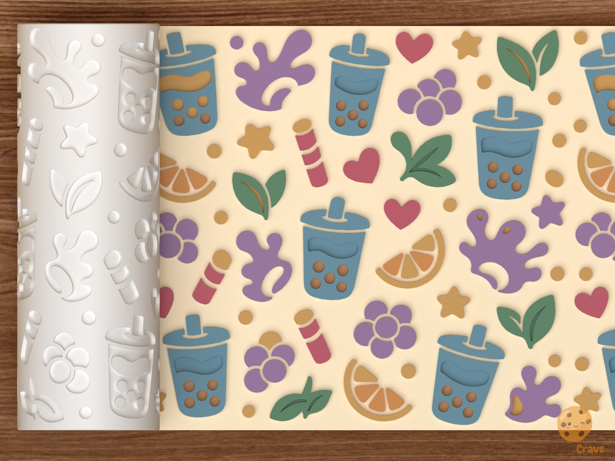 Boba Tea Cafe Textured Roller STL File - 01 main photo emboss colored