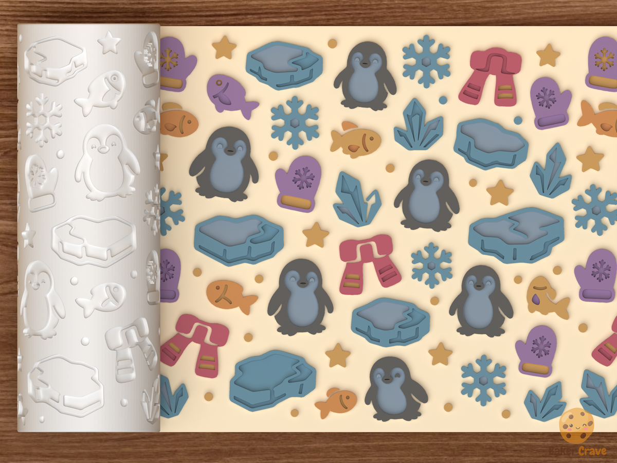 Penguin Winter Textured Roller STL File - 01 main photo emboss colored