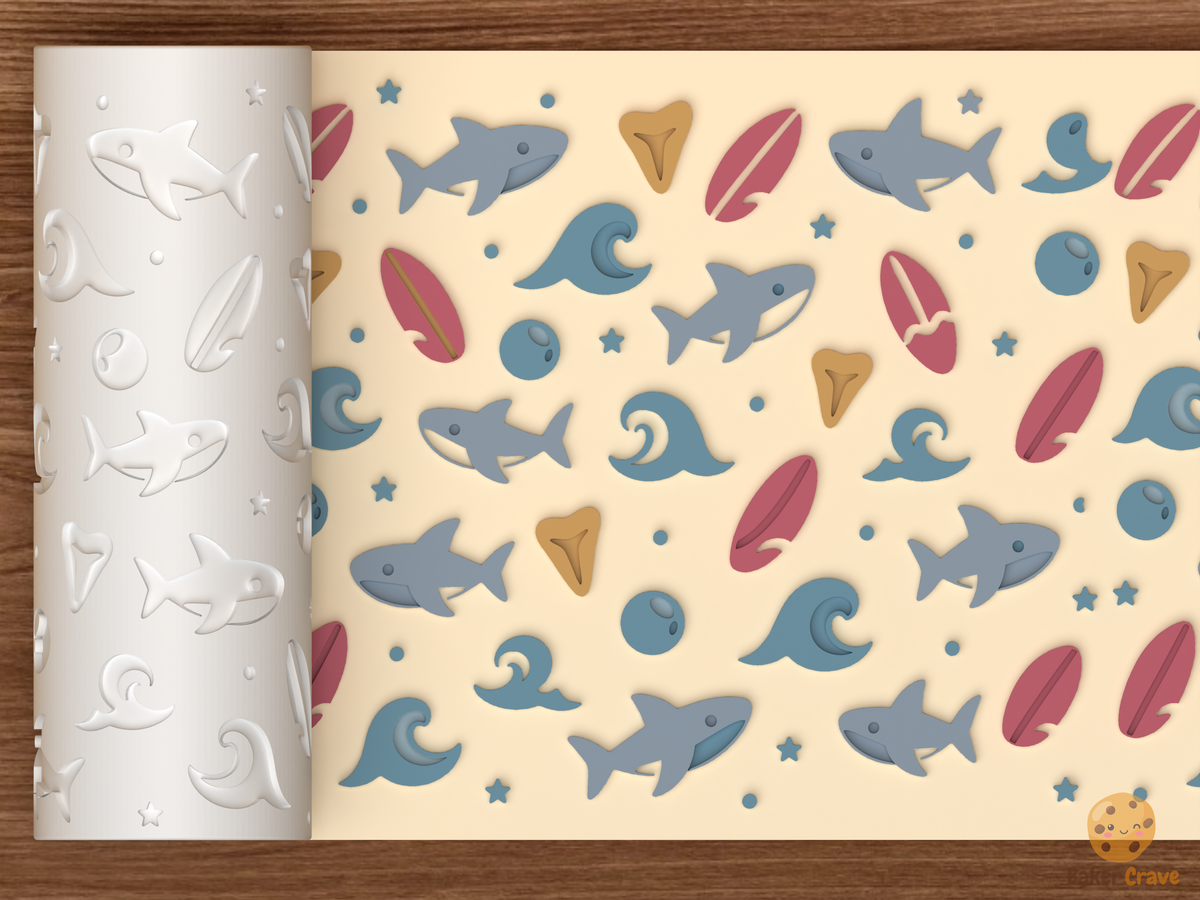 Shark Surf Ocean Textured Roller STL File - 01 main photo emboss colored