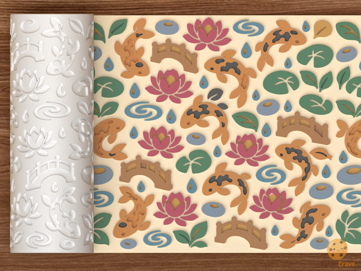 Koi Lotus Pond Textured Roller STL File - 01 main photo emboss colored