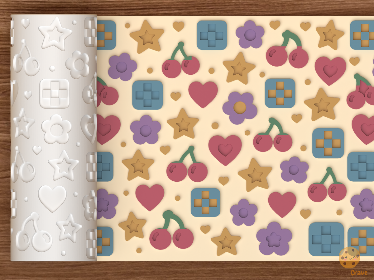 Retro Kawaii Icons Textured Roller - 01 main photo emboss colored