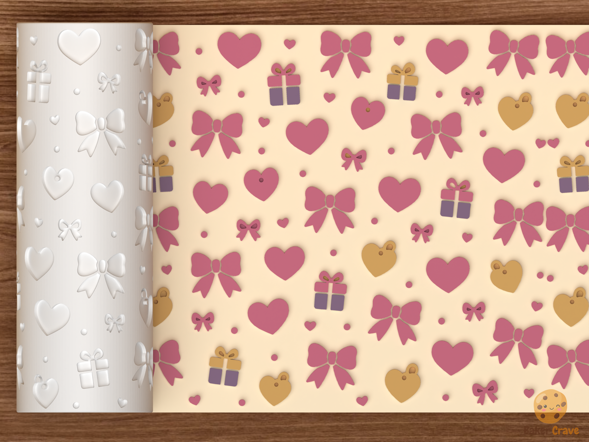 Valentine Hearts Bows Gifts Textured Roller STL File - 01 main photo emboss colored