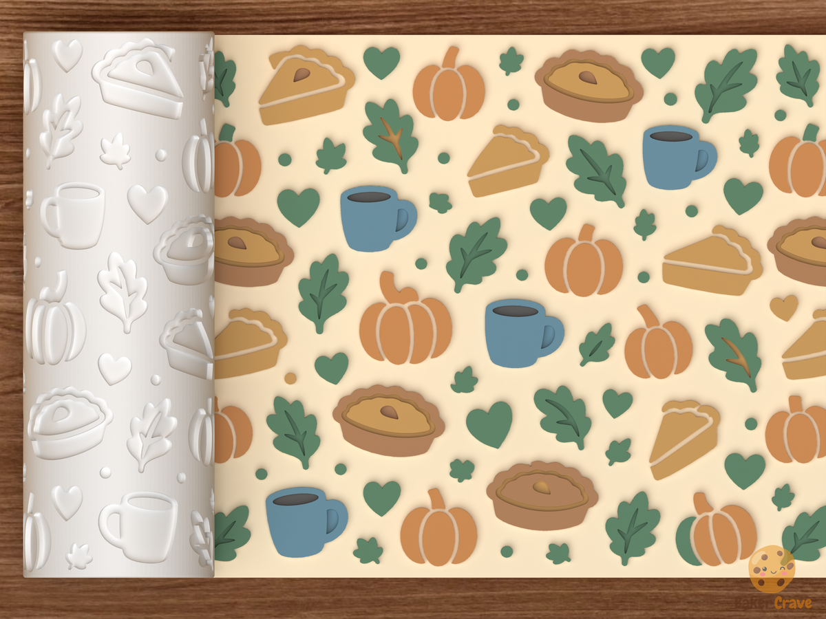 Autumn Pie and Pumpkin Textured Roller STL File - 01 main photo emboss colored