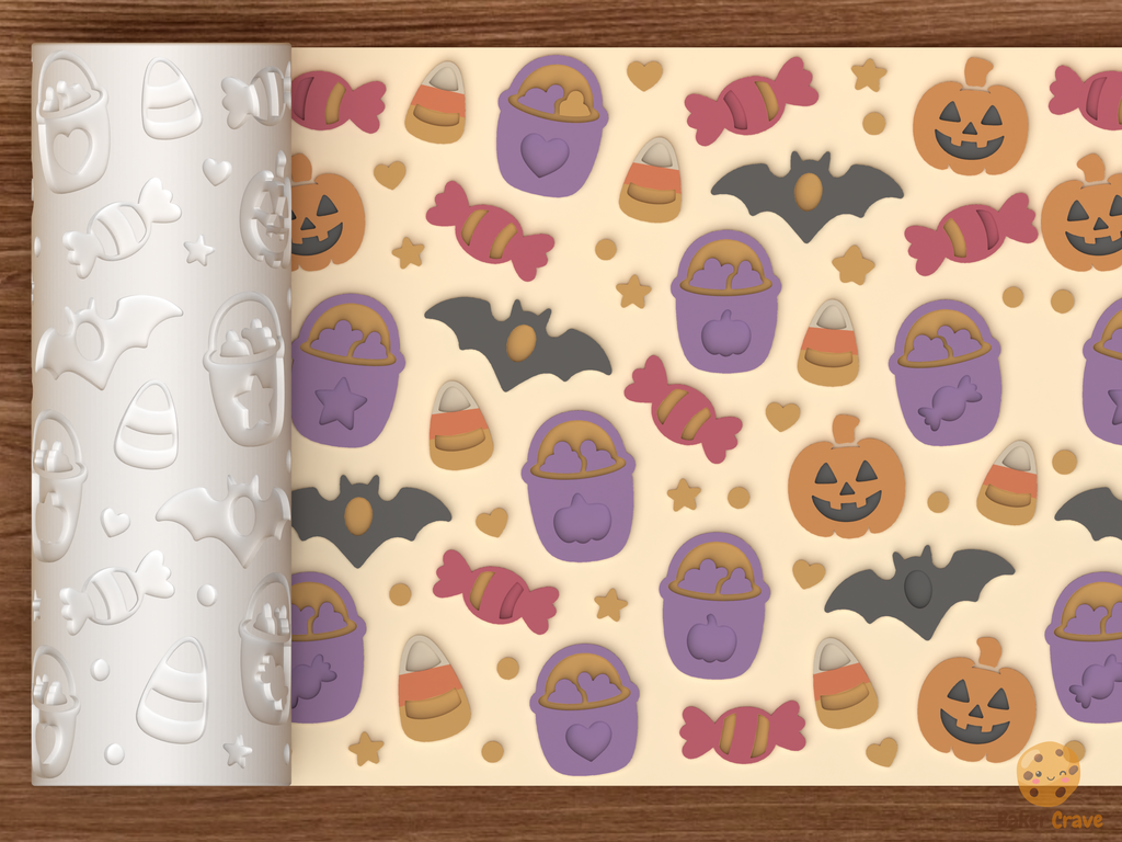 Trick Or Treat Candy Bucket Textured Roller STL File - 01 main photo emboss colored