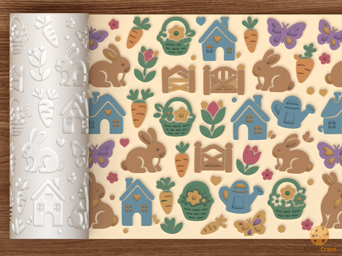 Bunny Cottage Garden Textured Roller STL File - 01 main photo emboss colored