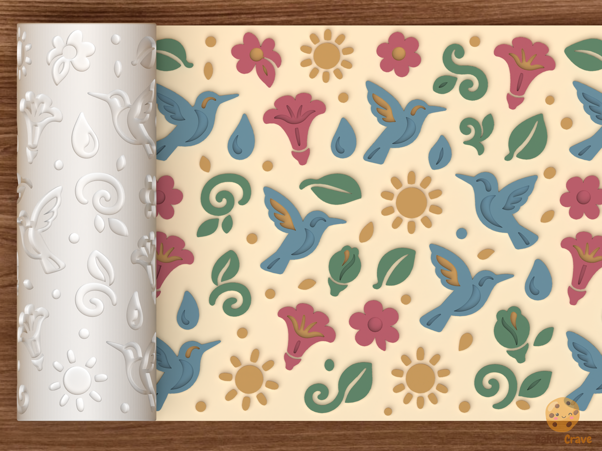 Hummingbird Floral Textured Roller STL File - 01 main photo emboss colored