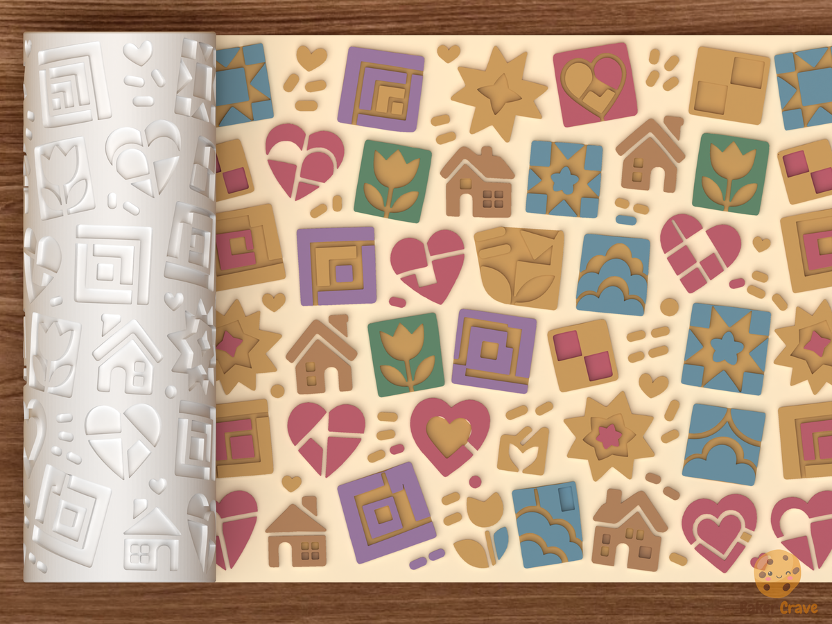 Quilted Cottage Patchwork Textured Roller STL File - 01 main photo emboss colored