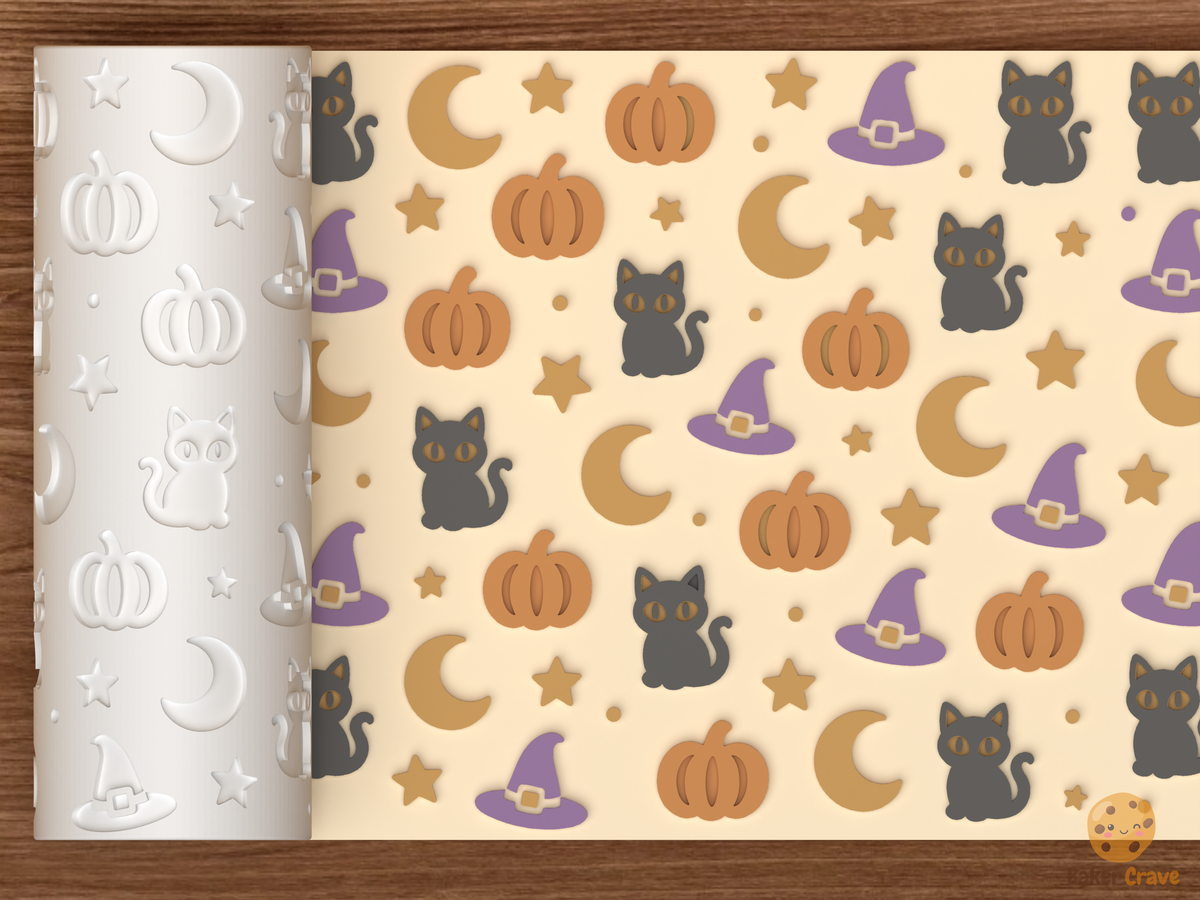 Halloween Witch Cat Textured Roller STL File - 01 main photo emboss colored