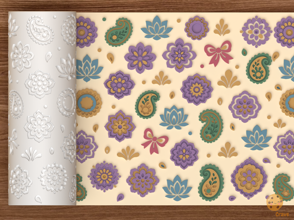 Boho Paisley Floral Textured Roller STL File - 01 main photo emboss colored