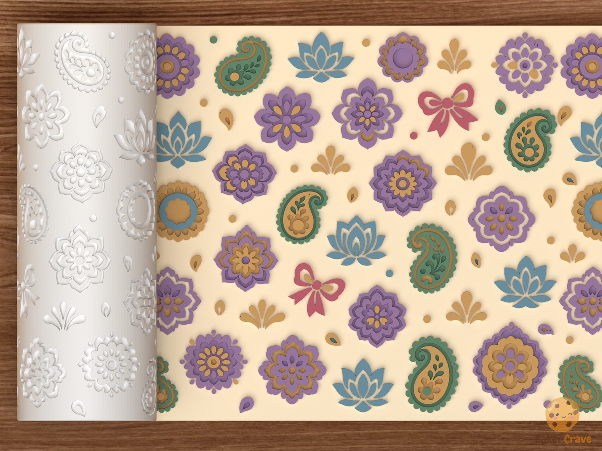 Boho Paisley Floral Textured Roller STL File - 01 main photo emboss colored