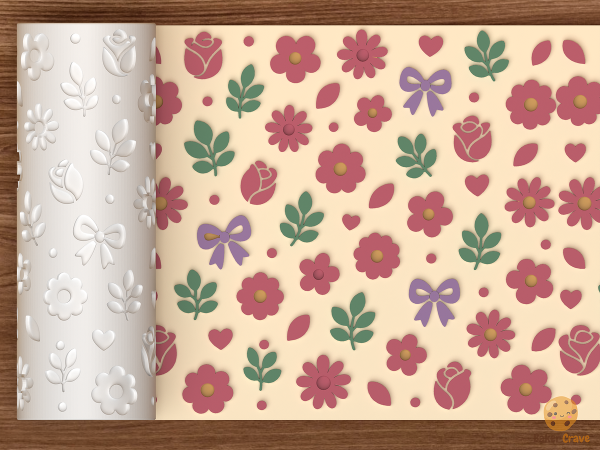 Whimsical Floral Garden Textured Roller STL File - 01 main photo emboss colored