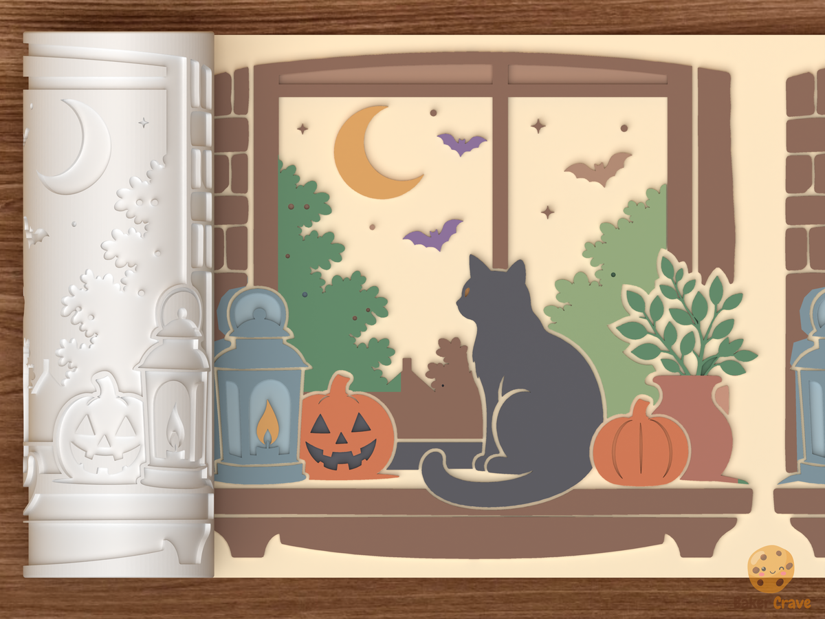 Moonlit Black Cat Window Ledge Textured Roller STL File - 01 main photo emboss colored