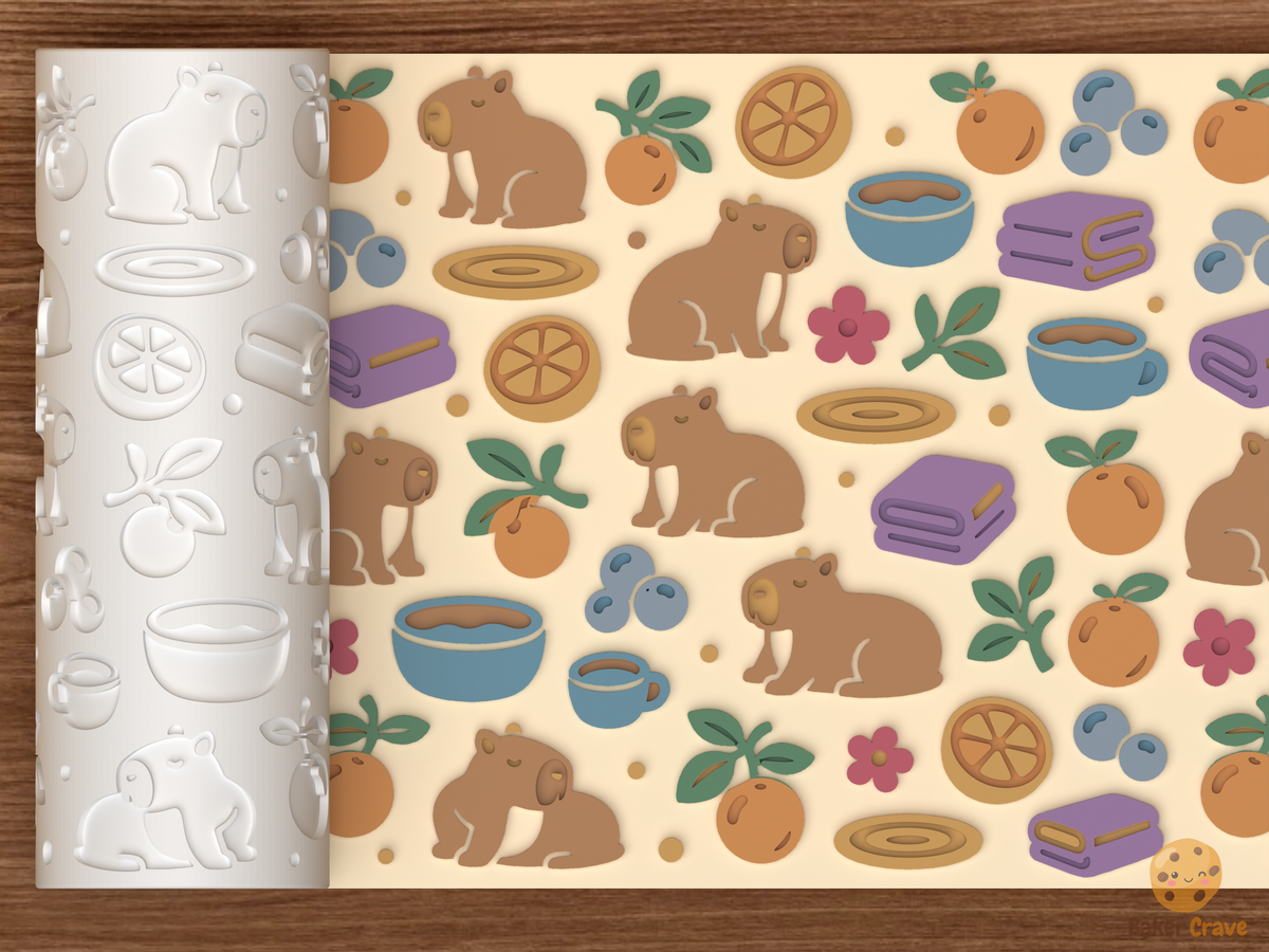 Capybara Citrus Bath Textured Roller STL File - 01 main photo emboss colored
