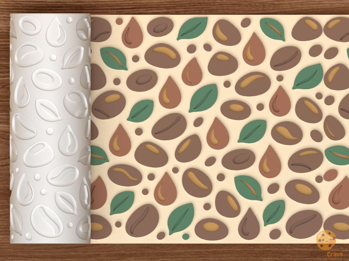 Coffee Bean Botanical Textured Roller STL File - 01 main photo emboss colored