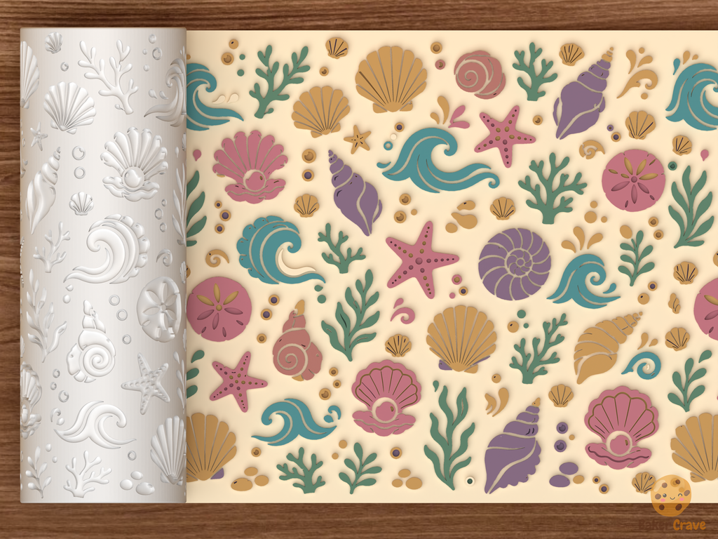 Ocean Shell & Wave Textured Roller STL File - 01 main photo emboss colored