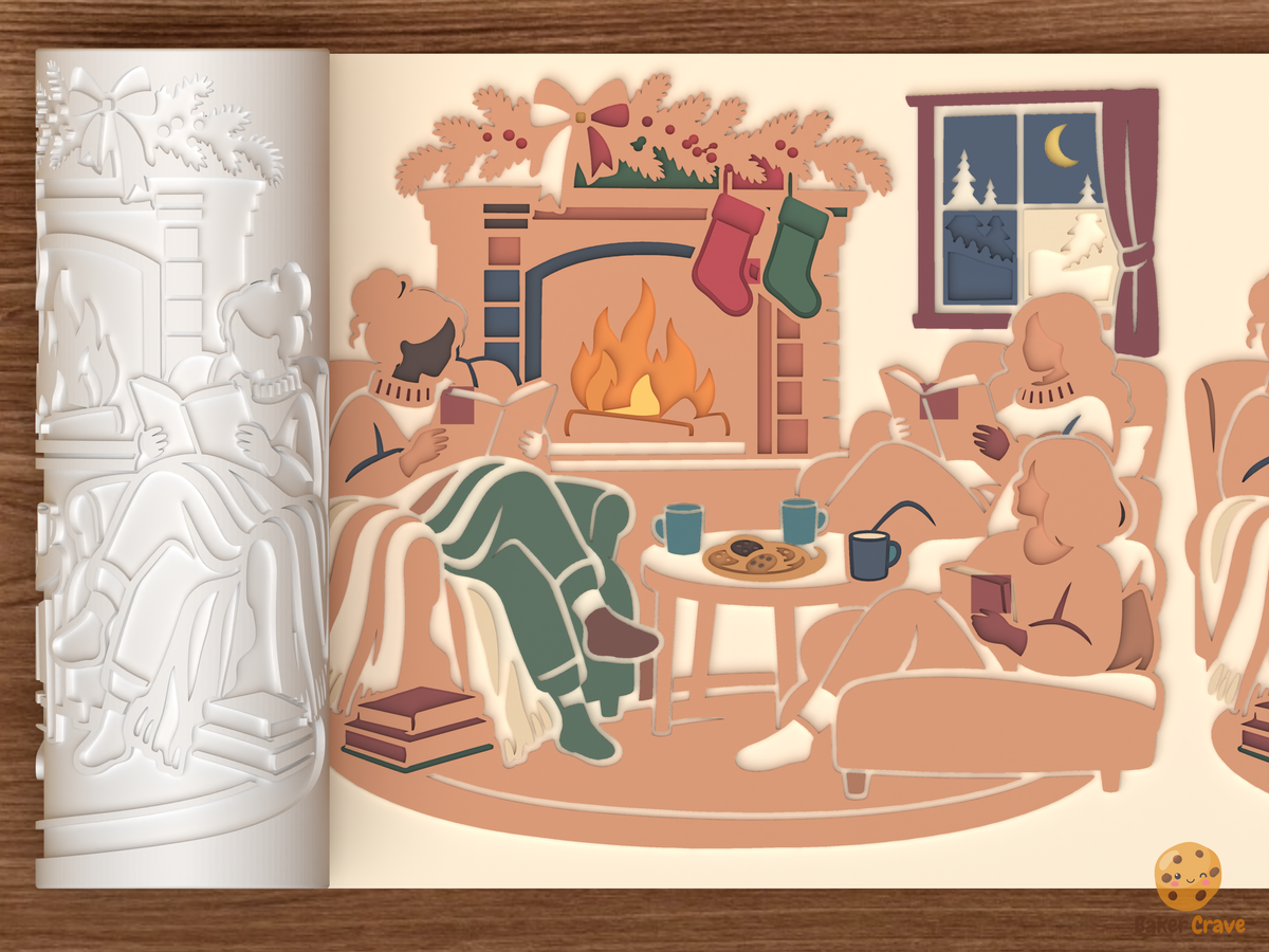 Christmas Book Club Fireplace Circle Textured Roller