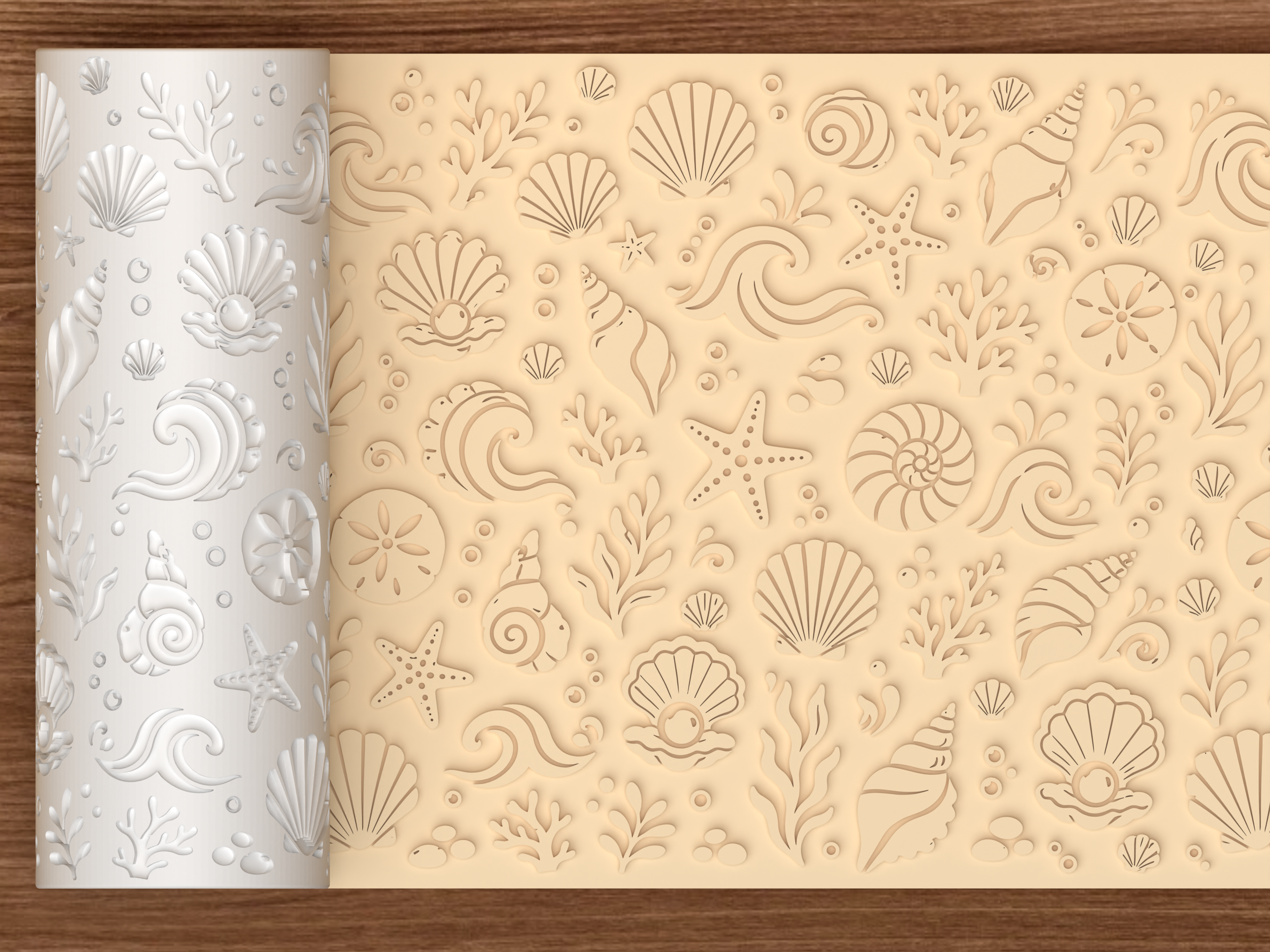 Ocean Shell & Wave Textured Roller STL File - 01 main photo emboss