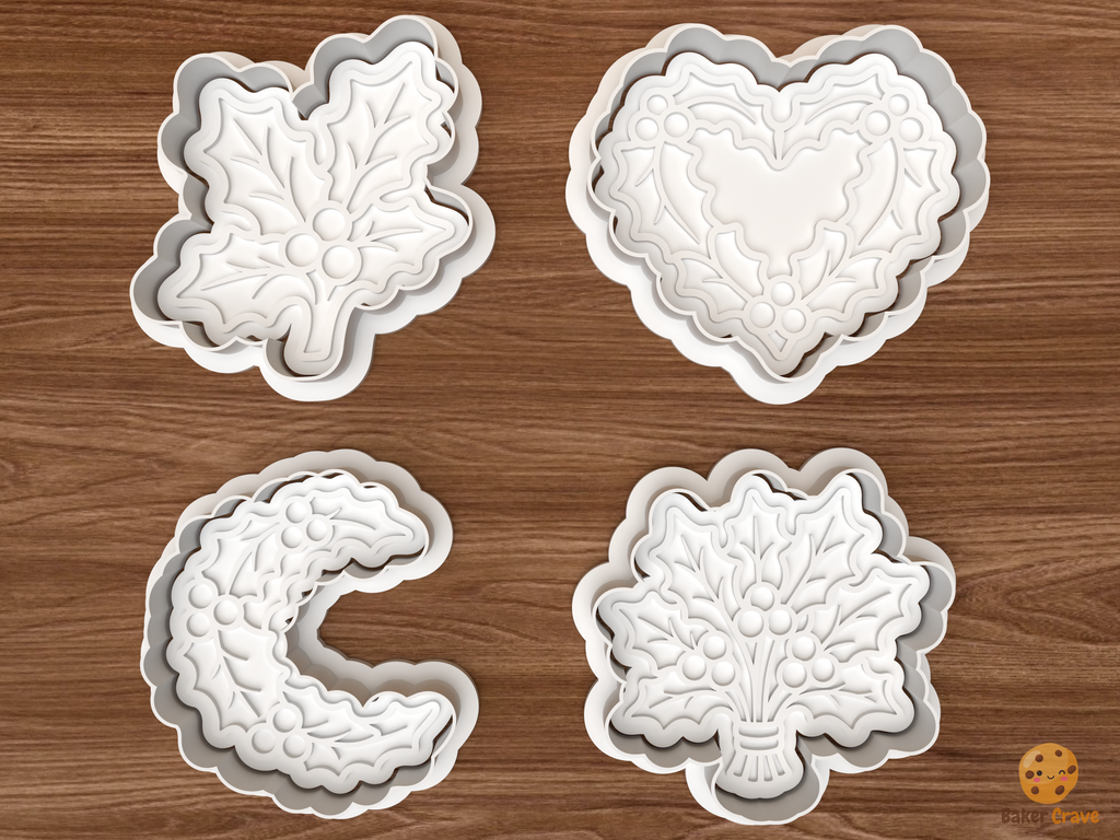 Christmas Holly Cookie Cutter Set STL File - 01 set main