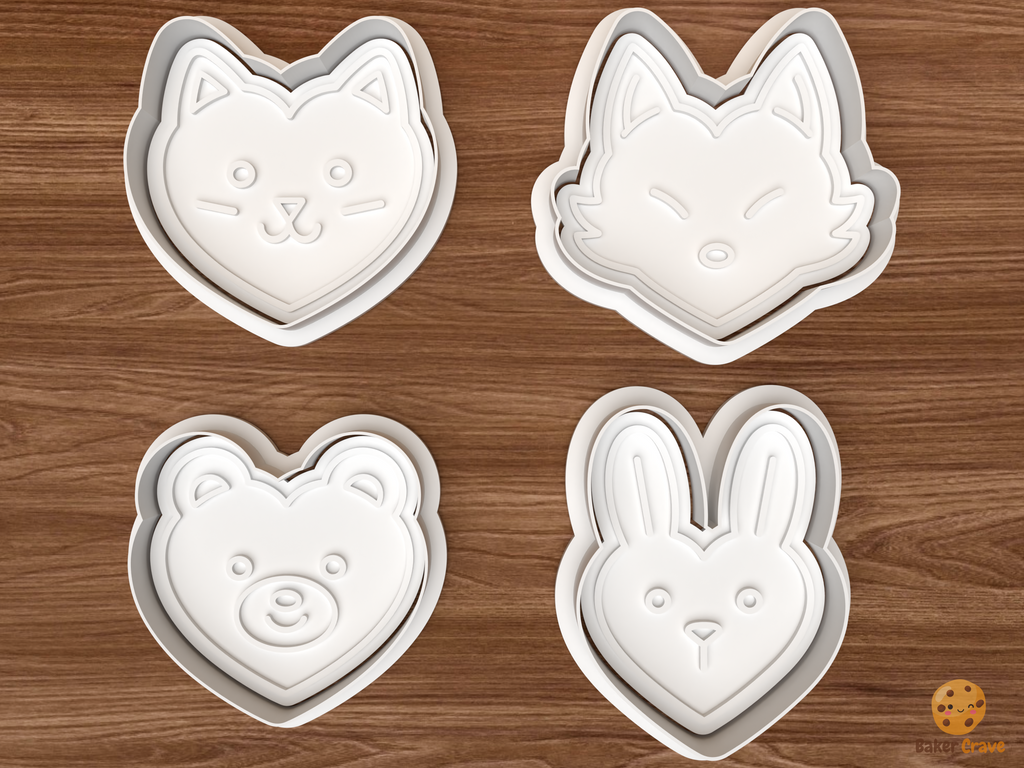 Valentine Animal Heart Faces Cookie Cutter Set STL File
