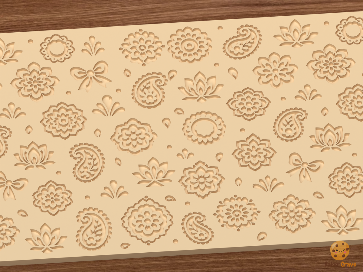 Boho Paisley Floral Textured Roller STL File - 02 close detail deboss
