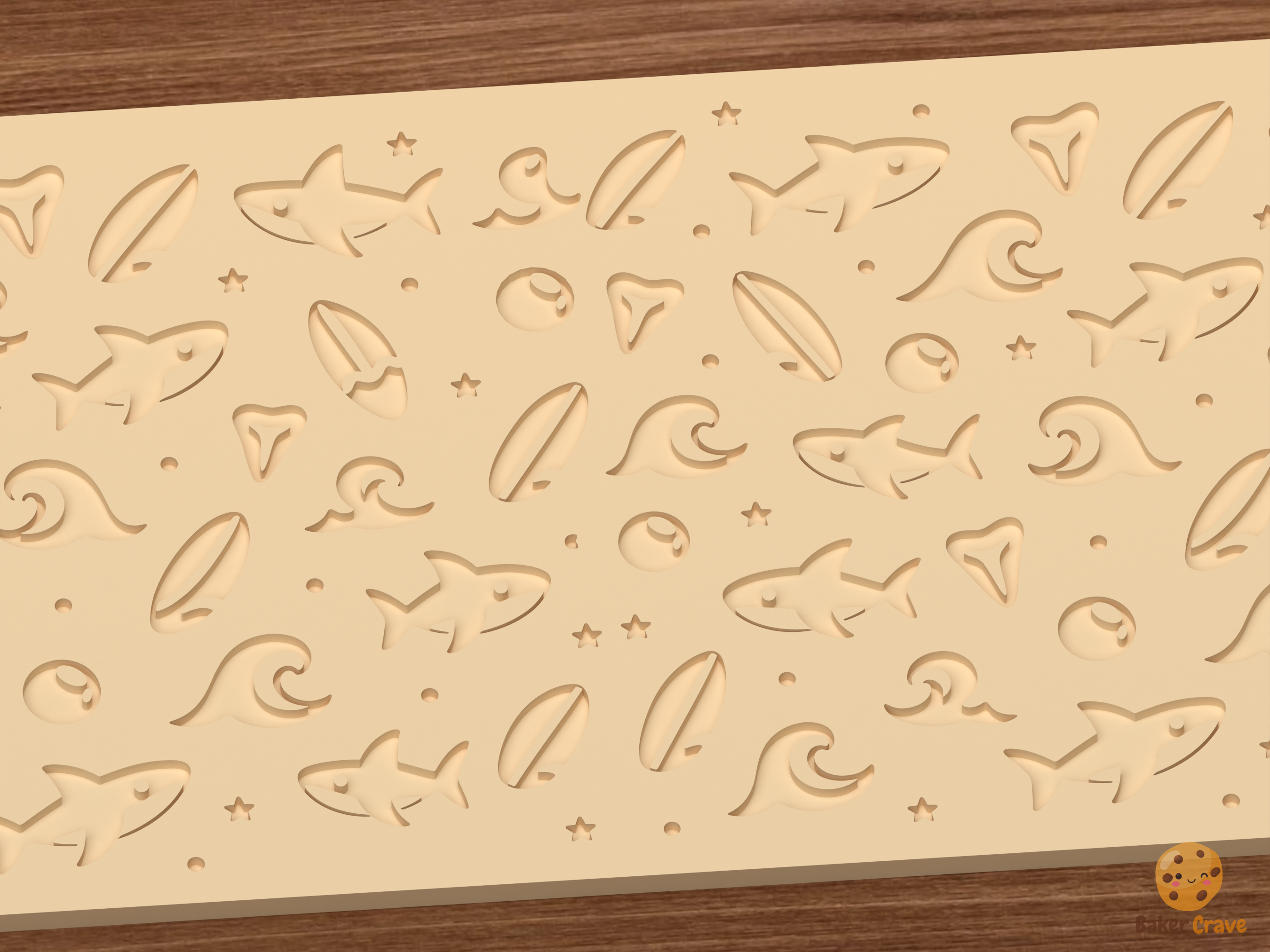 Shark Surf Ocean Textured Roller STL File - 02 close detail deboss