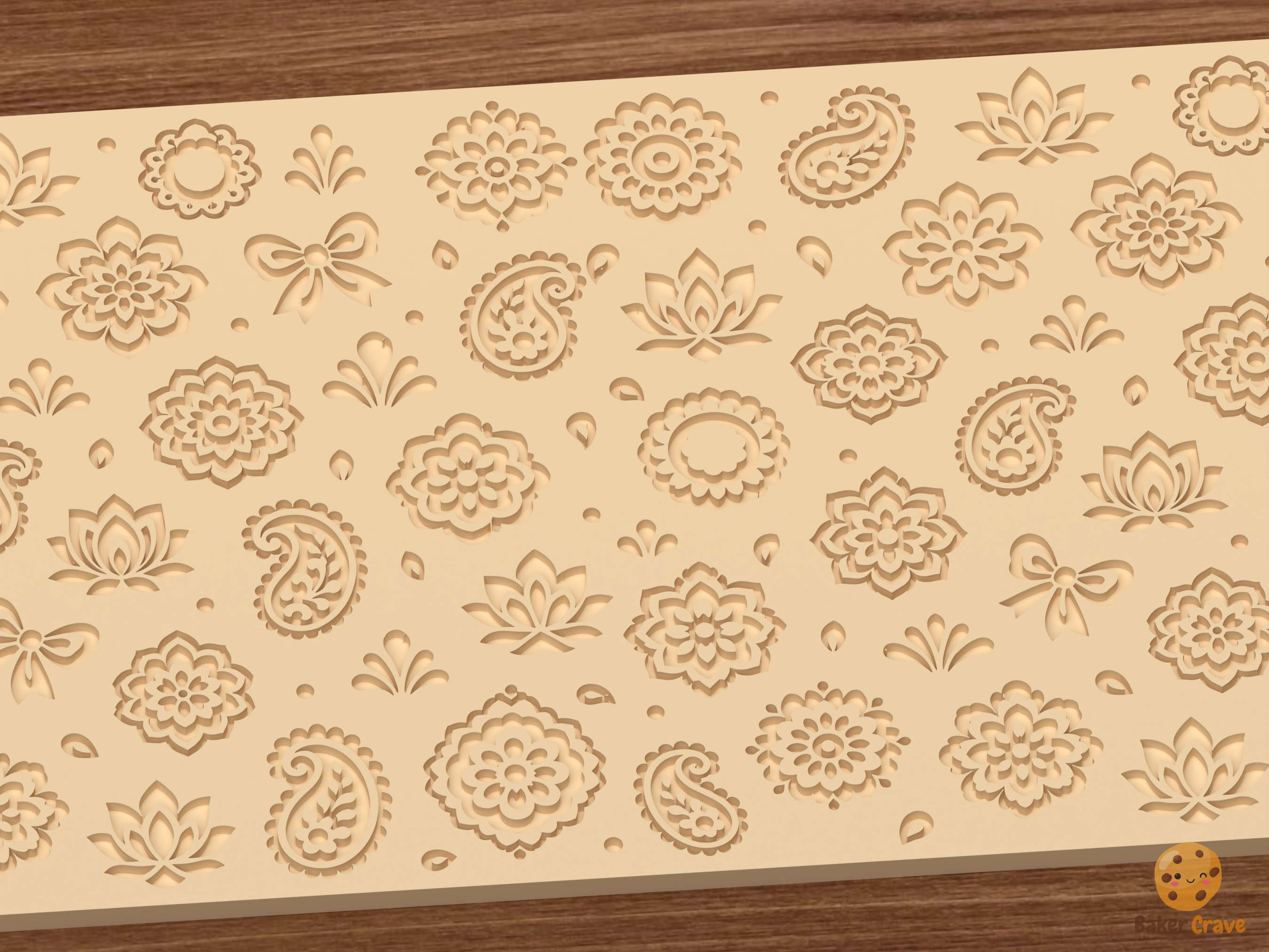Boho Paisley Floral Textured Roller STL File - 02 close detail deboss