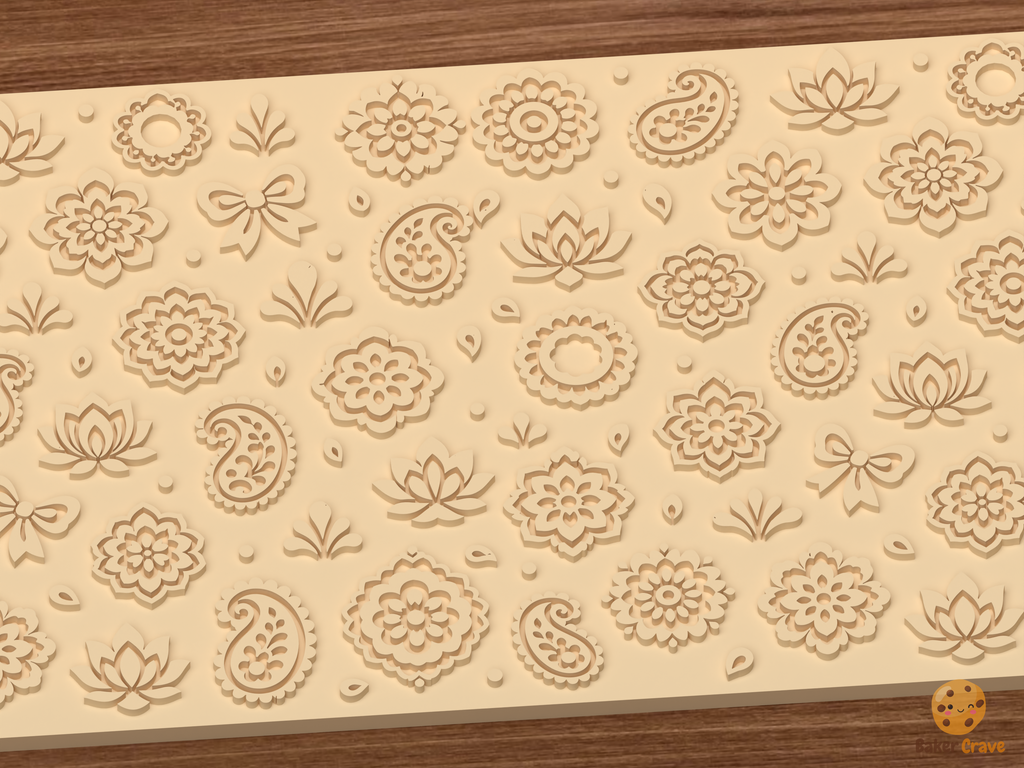 Boho Paisley Floral Textured Roller STL File - 02 close detail emboss