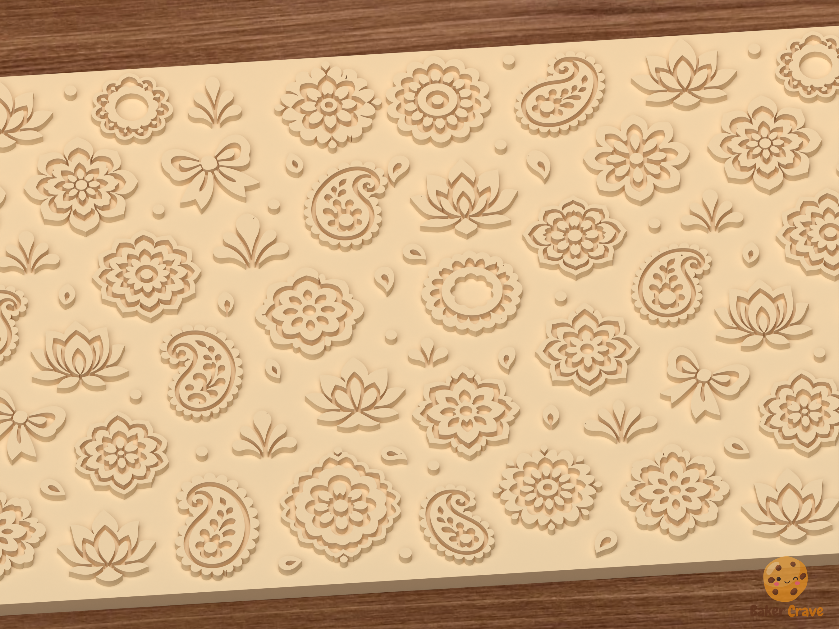 Boho Paisley Floral Textured Roller STL File - 02 close detail emboss