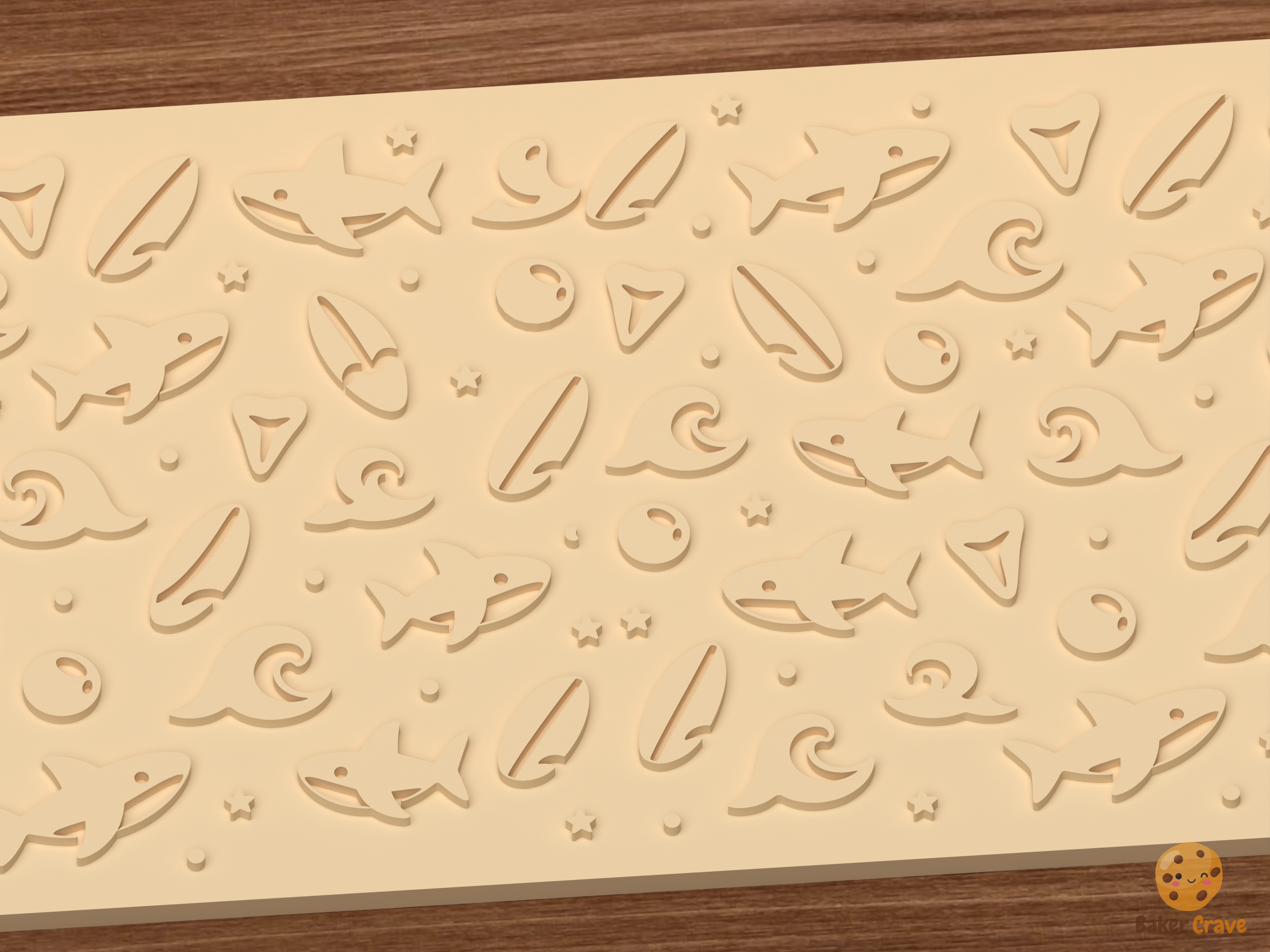 Shark Surf Ocean Textured Roller STL File - 02 close detail emboss