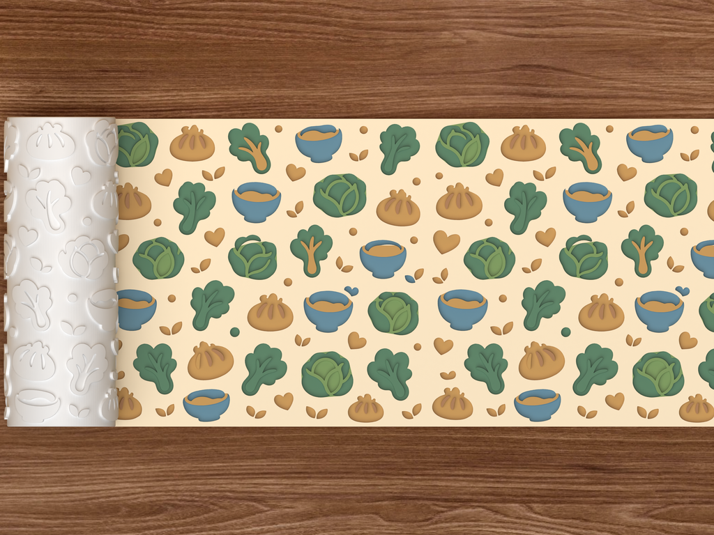 Dumpling Soup Vegetables Textured Roller STL File - 02 wide shot deboss colored