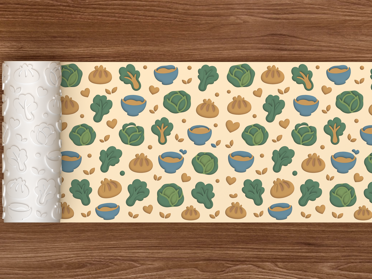 Dumpling Soup Vegetables Textured Roller STL File - 02 wide shot deboss colored