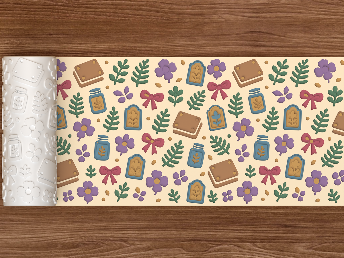 Flower Pressing Textured Roller STL File - 02 wide shot deboss colored