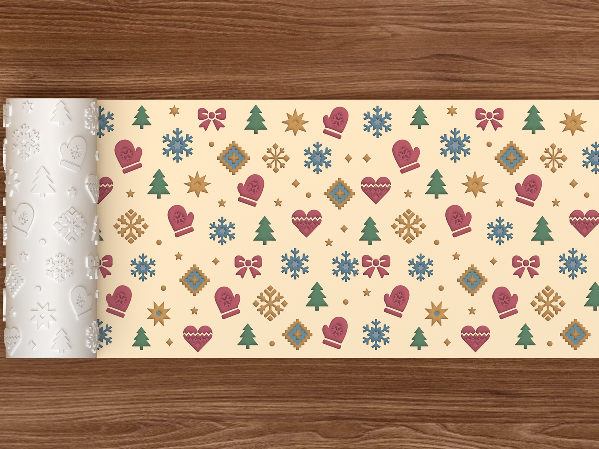 Nordic Winter Holiday Textured Roller STL File - 02 wide shot deboss colored
